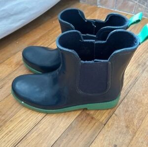 Blue and green winter rain boots